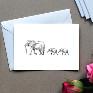 Greeting card, elephant with cubs, animal drawing nature, art card, gift, birthday card, postcard, illustration, print in A6