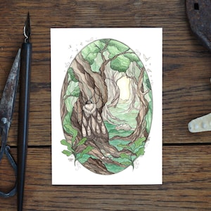 Wenskaart, bos met havikmotten, magisch bos, fantasietekening, natuurkunstkaart, cadeau, verjaardagskaart, illustratie, print in A6
