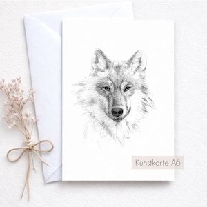 Grußkarte mit Wolf – handgezeichnete Tierillustration – Kohlezeichnung in Schwarz Weiß – Wildtier Motiv