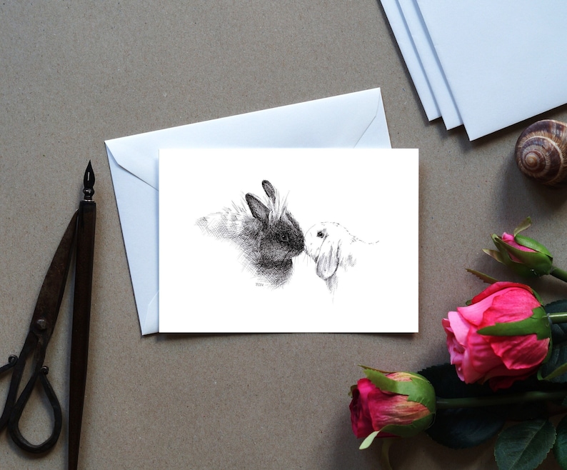 Carte de voeux, lapin, lapin, animal dessin nature, carte d'art, cadeau, carte anniversaire, carte postale, illustration, print en A6 Karte mit Umschlag