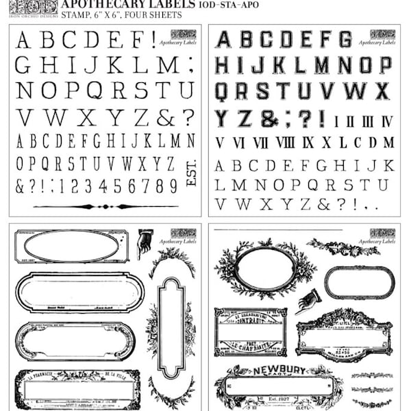 Apothecary Labels Decor Stamp™ by IOD (4  6"x6" Sheets) - Iron Orchid Designs