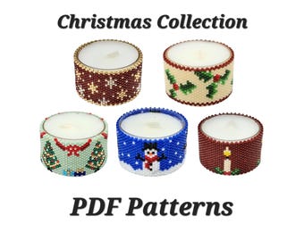 Peyote tealight wrap pattern, beaded tealight pattern, pdf bead pattern, peyote stitch pattern - christmas collection, set of 5 pdf patterns