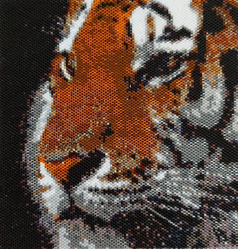 May include: Close-up of a tiger's face created from small, colourful beads. The tiger's orange and black stripes are visible, as well as its white whiskers.