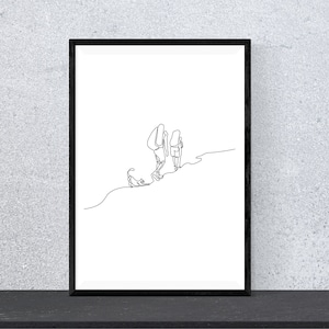 Minimalist Hikers with Cat | Outdoors Print | Monoline Nature Hiking Print | Continuous One Line Art | Backpacking Wall Decor | Line Drawing