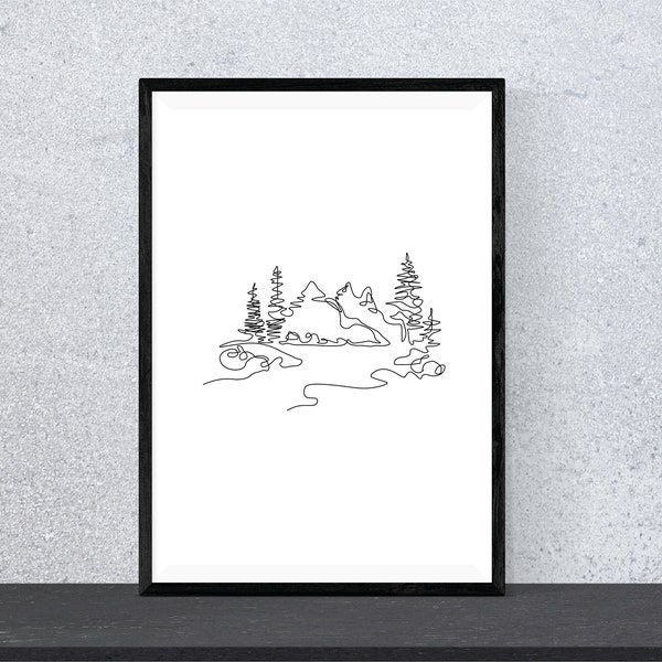 Mountain River Line Art Print: Minimalist Landscape (Digital Download)