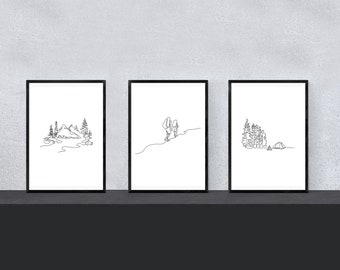 Set of Three Minimalist Outdoor Prints | Monoline Nature Hiking Print | Continuous One Line Art | Forest Camping Wall Decor | Line Drawing