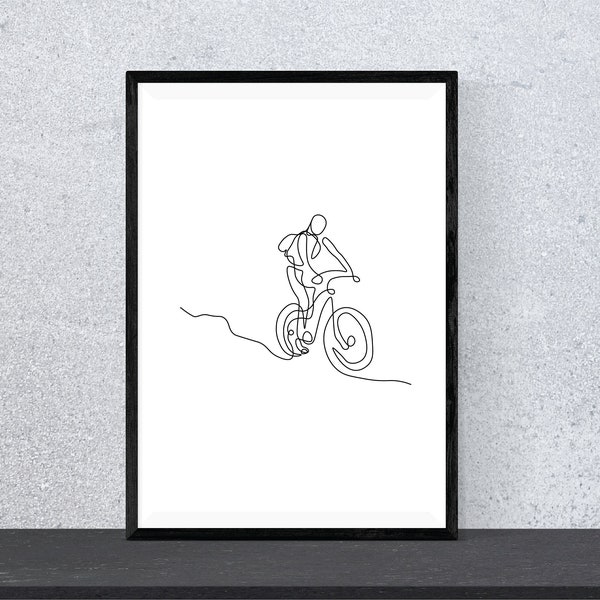 Minimalist Mountain Biker | MTB Wall Art | Monoline Mountain Biking Print | Continuous One Line Art | Adventure Sports