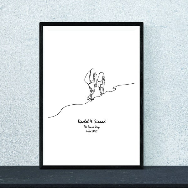 Peronalised Monoline Hiking Duo Digital Print, Custom Outdoors Couple Abstract Art, Continuous Line Adventure Drawing