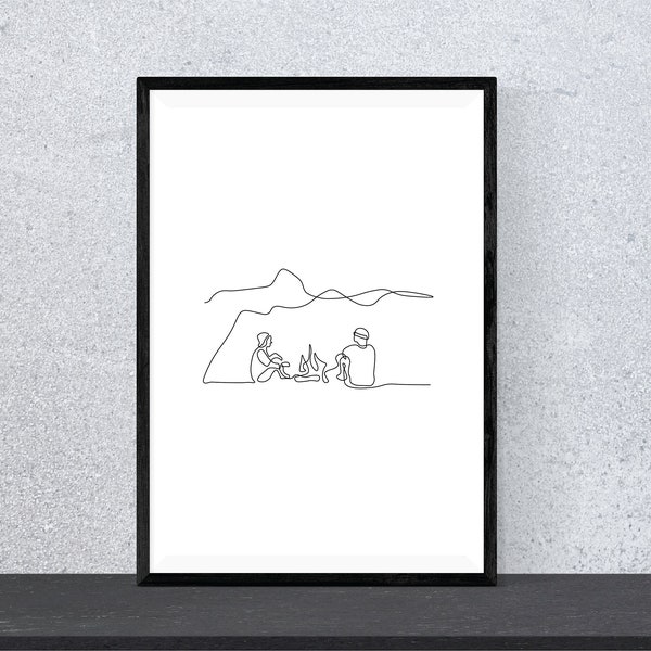 Minimalist Camping Print: One Line Art, Adventurous Duo (Digital Download)