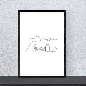 Minimalist Campers with Dog Hiking Digital Print Continuous One Line Art Camping Wall Decor Line Drawing image 1