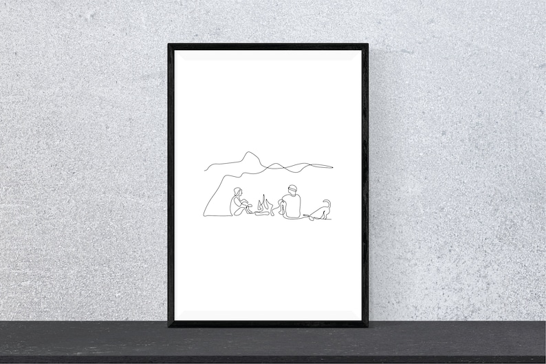 Minimalist Campers with Dog Hiking Digital Print Continuous One Line Art Camping Wall Decor Line Drawing image 1