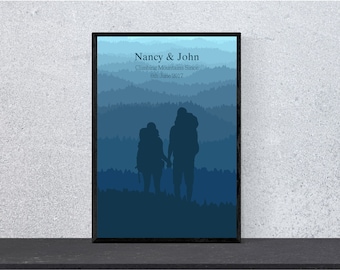 Impresión personalizada de pareja de senderismo / Regalo de aniversario de montaña (descarga digital)