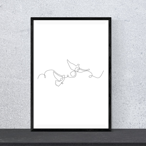 Oiseaux colombes minimalistes volant | Impression numérique | Art continu d’une ligne | Décoration murale naturelle | Dessin Au Trait Amour Couple