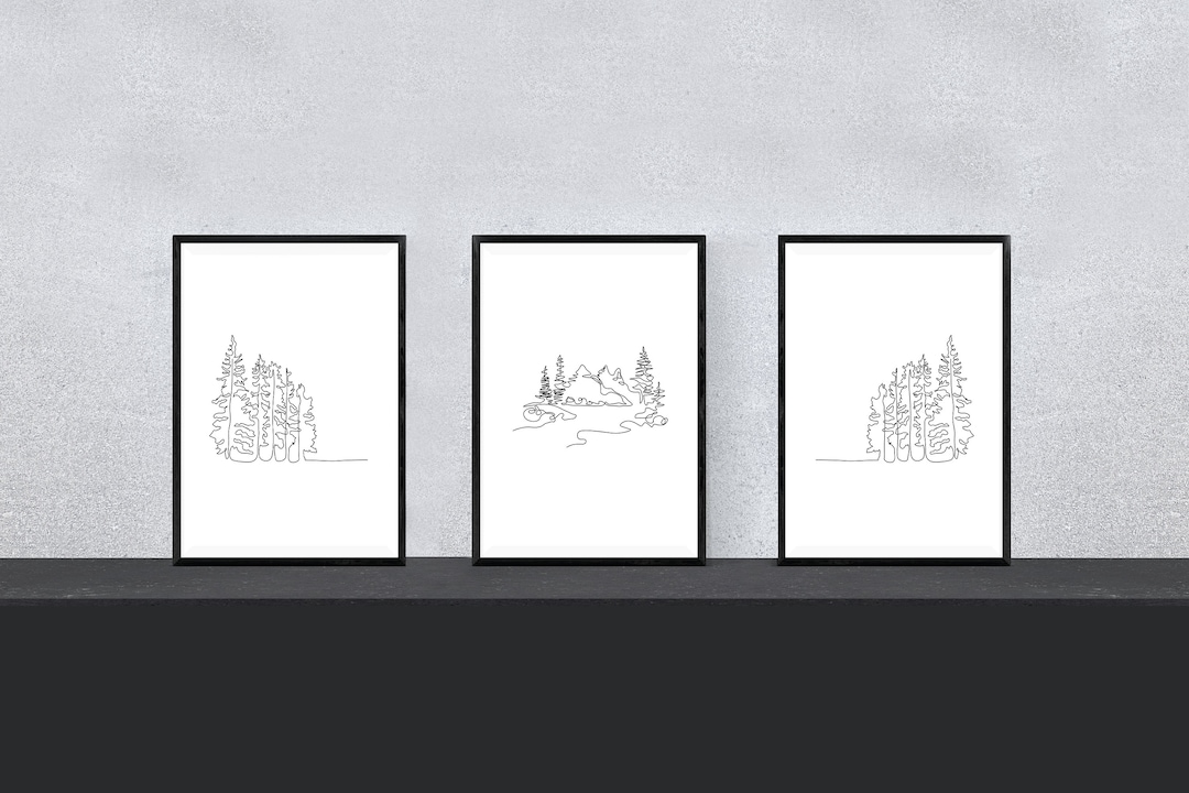 Set of Three Minimalist Outdoor Prints Monoline Nature Forest Print