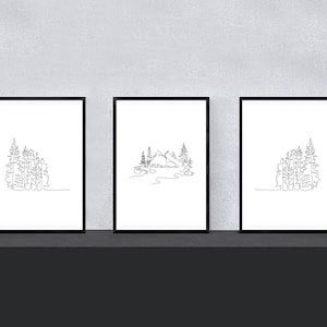 Set of Three Minimalist Outdoor Prints | Monoline Nature Forest Print | Continuous One Line Art | Mountain Wall Decor | Line Drawing