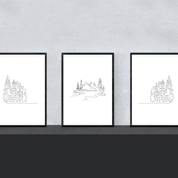Minimalist Forest Line Art Print Set: Mountain Wall Decor (Digital Download)