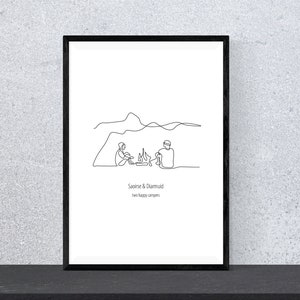 Custom Campfire Print | Camping Art | Couple Print | Camping Gift | Anniversary print | Monoline | Engagement Gift | Outdoors Couple