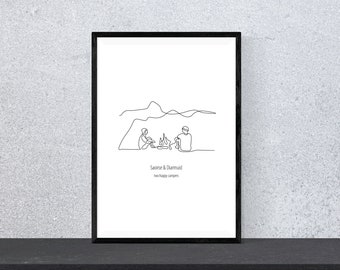 Custom Campfire Print | Camping Art | Couple Print | Camping Gift | Anniversary print | Monoline | Engagement Gift | Outdoors Couple