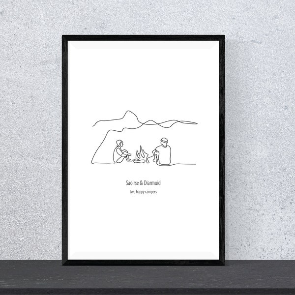 Custom Campfire Print | Camping Art | Couple Print | Camping Gift | Anniversary print | Monoline | Engagement Gift | Outdoors Couple