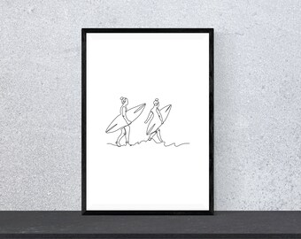 Minimalist Surfers Print: One Line Art, Ocean Waves (Digital Download)