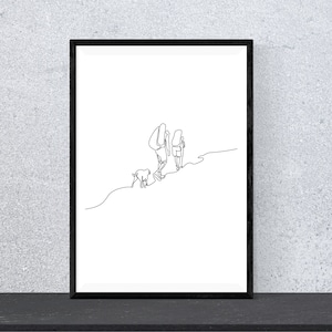 Minimalist Hikers with Dog | Outdoors Print | Monoline Nature Hiking Print | Continuous One Line Art | Backpacking Wall Decor | Line Drawing