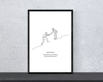 Impresión personalizada de pareja de excursionistas / Regalo de aniversario monolineal (descarga digital)