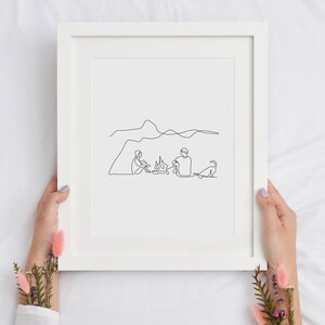 Minimalist Campers with Dog Hiking Digital Print Continuous One Line Art Camping Wall Decor Line Drawing image 2