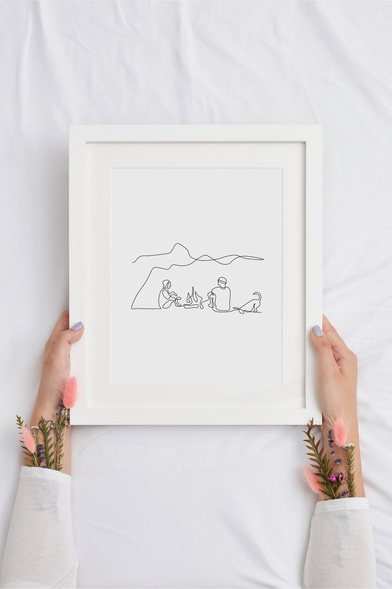 Minimalist Campers with Dog Hiking Digital Print Continuous One Line Art Camping Wall Decor Line Drawing image 2