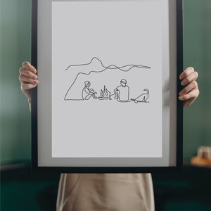 Minimalist Campers with Dog Hiking Digital Print Continuous One Line Art Camping Wall Decor Line Drawing image 3