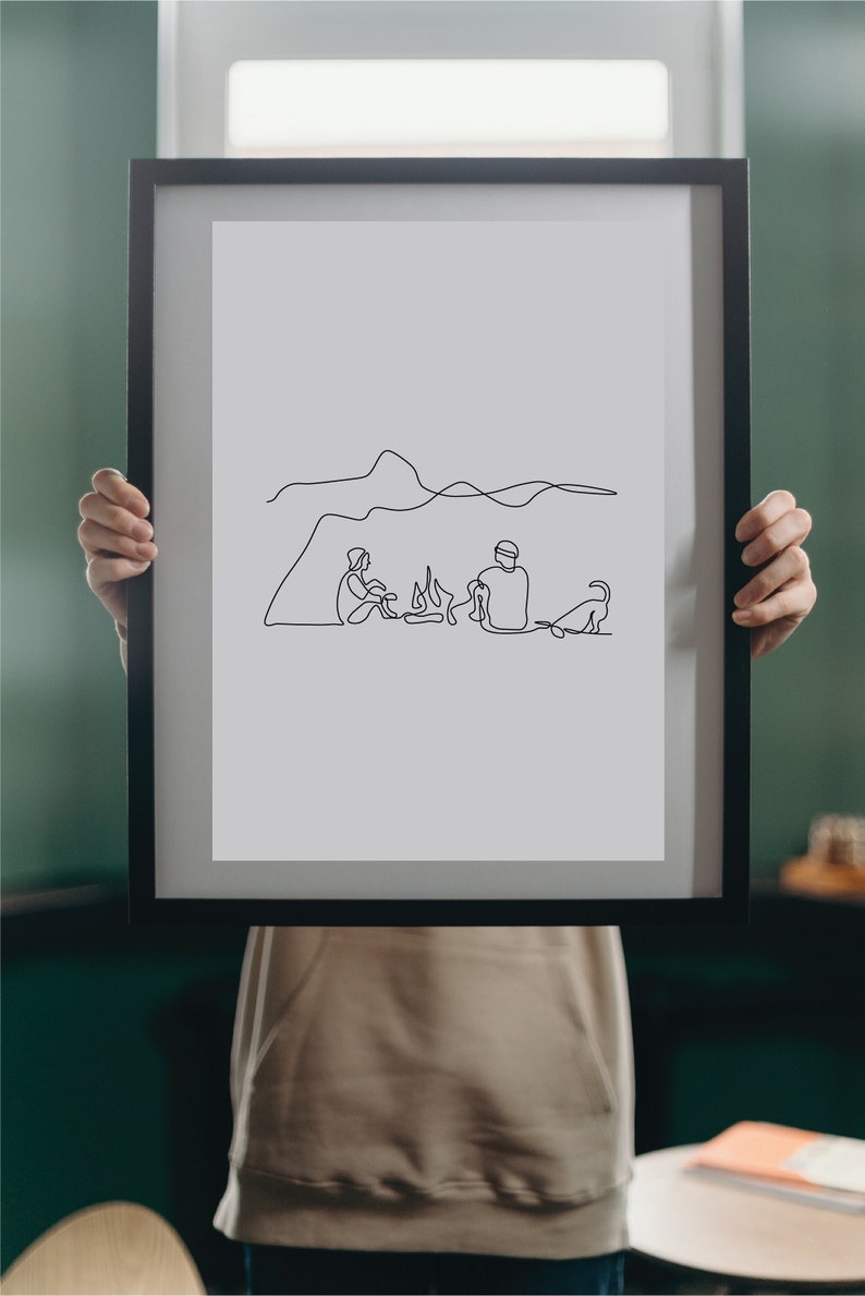 Minimalist Campers with Dog Hiking Digital Print Continuous One Line Art Camping Wall Decor Line Drawing image 3