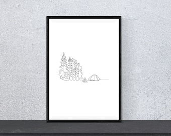 Minimalist Forest Camping I Digital Print I Continuous One Line Art I Camping Wall Decor I Line Drawing