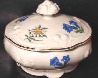 Thomas Bavaria Germany Vintage Porcelain Jewelry box, Vanity Box with Edelweiss Flower Decor/Small Porcelain Candy Bowl or Trinket bowl
