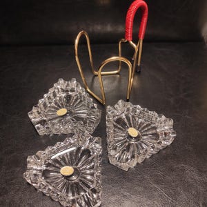 Set of 3 Small Lead Crystal Ashtrays with Metal Holder / Customized Small 60&#39;s German Crystal Ashtrays for Collection, Gift and Retro Decor