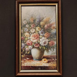 Vintage Wooden Frame Covered with Anti-glare Glass/Paper Print Flower Bouquet Reproduction/Brown Wooden Frame for Rustic Decor