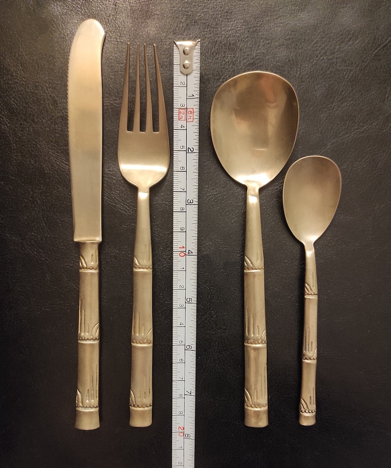 Vintage bronzenikel set 40 pieces of cutlery with bamboo-shaped handles. Cutlery with the inscription nickel bronze. Brass cutlery set. image 3