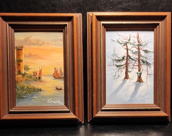 Molduras de madeira - Conjunto de duas pequenas molduras de madeira com pinturas originais vintage dos anos 90.