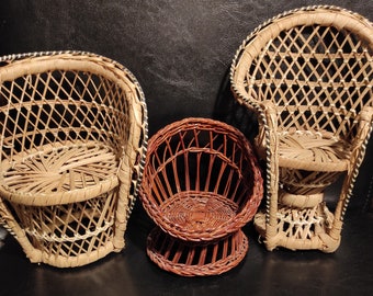 A set of three handmade wicker doll chairs - Old Wooden Doll Chair - Doll Chair for your Collection, Display, Creative Projects