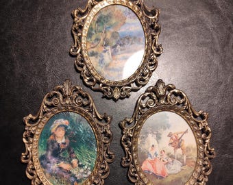 Set of 3 Small Vintage Italian Brass Plated Metal Frames with Glass, Paper Reproduction / Brass or Bronze Photo or Picture Frames