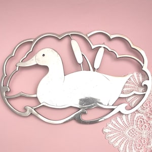 Vintage silverfärgad tekannaunderlägg / silverförkromad anka- eller gåsunderlägg / dekorativt underlägg för samling, köksdekor