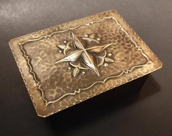 Vintage Brass Cigarettes, Tobacco, Trinket Box / Antique hammered brass jewelry box from the first half of the last century