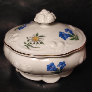 Thomas Bavaria Germany vintage porseleinen sieradendoos, toilettafel met edelweissbloemdecor/klein porseleinen snoepschaaltje of schaaltje