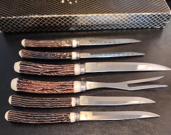 Vintage Besteck Set mit Bakelit/ deutsches Besteck mit Kunststoff Horn Griffen/ Messer, Fleischgabel 60er Jahre - vintage Dekor für Ihre Küche, Esszimmer