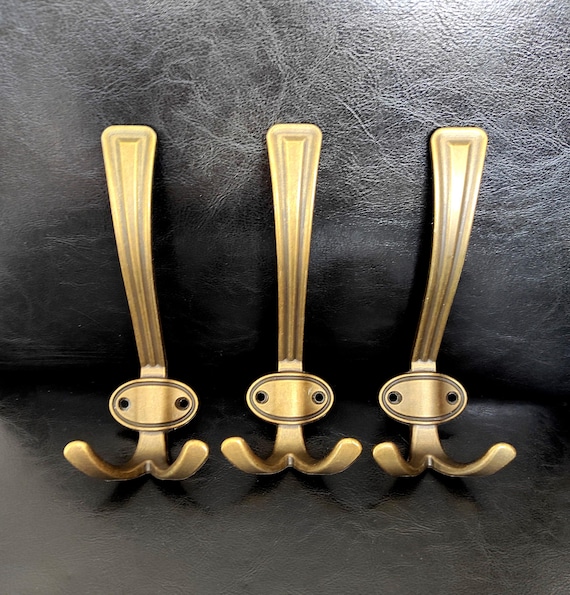 Set of 3 vintage brass plated metal coat hooks/ Hooks with brass coating for hanging in the hallway