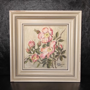 Vintage Wooden Gray Photo Frame 8x8 inches 20.5x20.5 cm Without Glass Top With Original Flower Painting On Hardboard/Old Wild Rose Wall Art