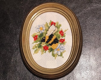 Small oval solid brass or bronze vintage frame with embroidered picture/Old small solid brass photo frame mid century