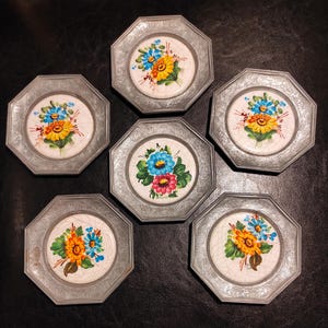 Set of 6 Vintage Pewter Coasters/Old Mid Century Coasters with Flowers for Collection, Display, Kitchen, Bar, Restaurant Decor