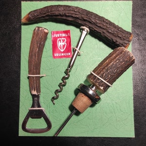 Solingen with Horn handles/Vintage corkscrew set, bottle opener and drink stopper/Bar set with horn handles/collectible, gift corkscrew