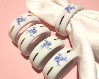 Serviettenringe - 5er Set Vintage Porzellan Serviettenringe mit Blauem Blumenmuster - Serviettenhalter aus Porzellan