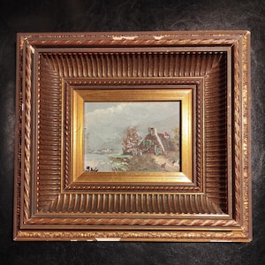 Vintage Wide Shabby Gold Wooden Frame Without Glass/Large Frame for Painting or Photo/Antique Thick Wooden Frame with Small Oil Painting
