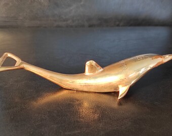 Vintage gilded bottle opener in the form of a dolphin with advertising markings - Antique German bottle opener 1998